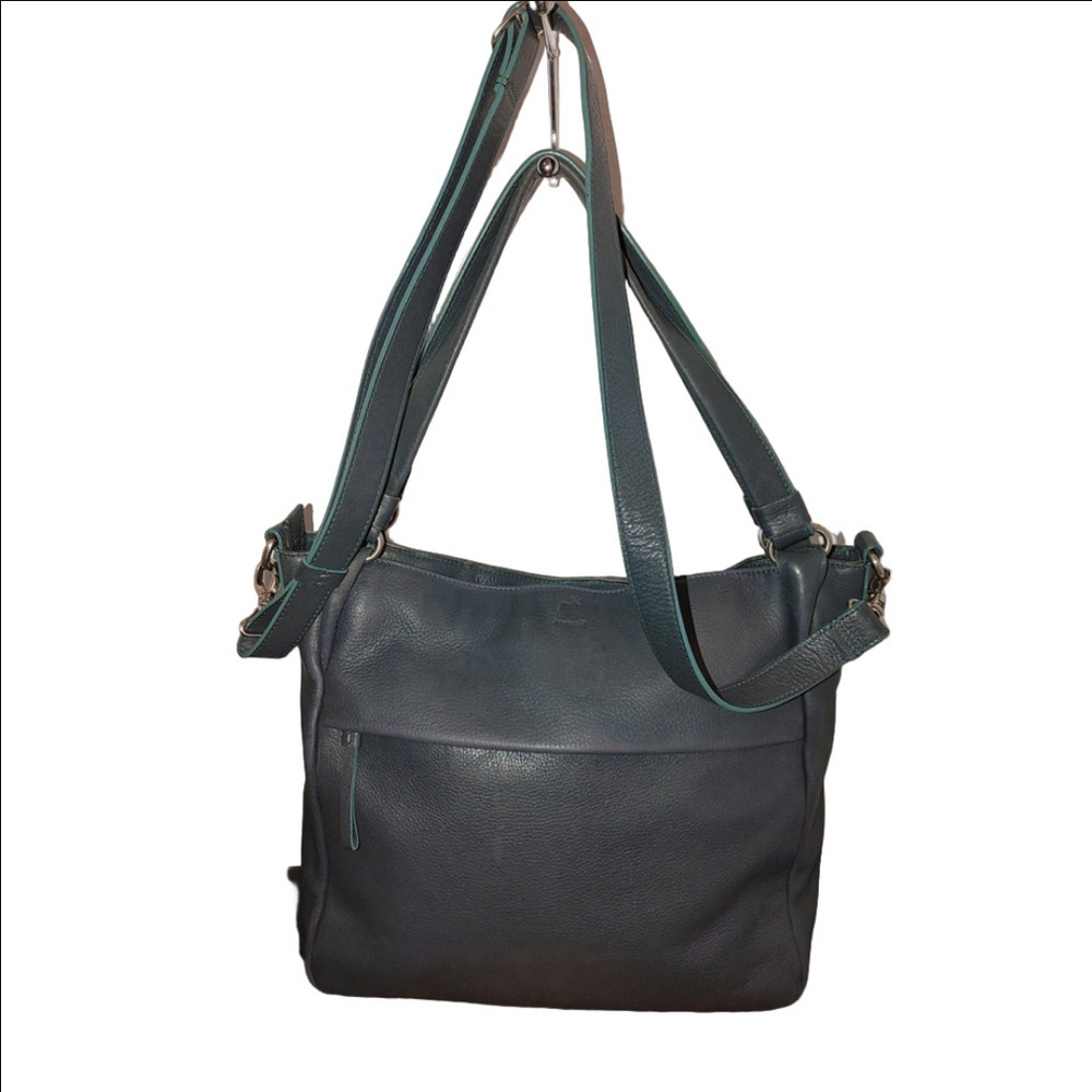 Mywalit Leather Shoulder Crossbody Bag Front Zip Silver-Tone Hardware Teal Blue